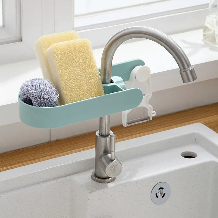 HelloWorld New Free Perforated Sink Drain Cloth Sponge Hanging Basket Rack Kitchen and Bathroom Supplies Faucet Storage Rack