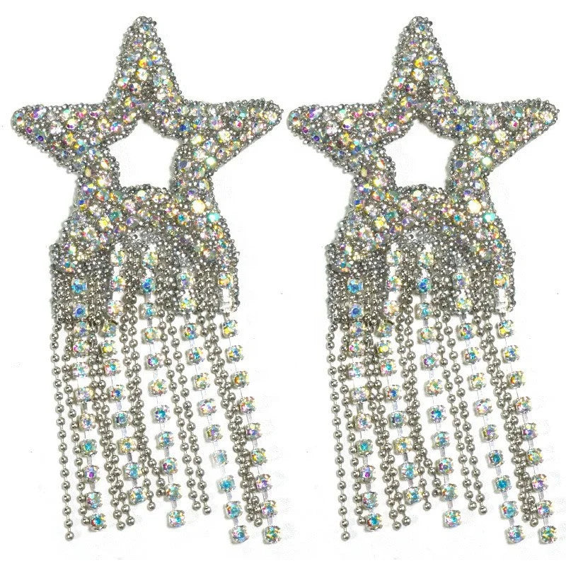 Wholesale Fashion AB Crystal Rhinestone Beaded Star Applique Patch Iron on Heat Seal Stone Star Patches With Metal Tassels