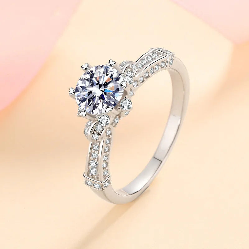 Silver 925 Original Diamond Test Past Brilliant Cut 1 Carat D Color Moissanite Queen Ring 18K White Gold Plated Gemstone Rings