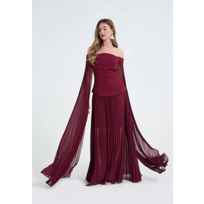 Solid Two Piece Set for Women Slash Neck Batwing Sleeve Tunic Top High Waist Loose Skirt Elegant Sets Female New