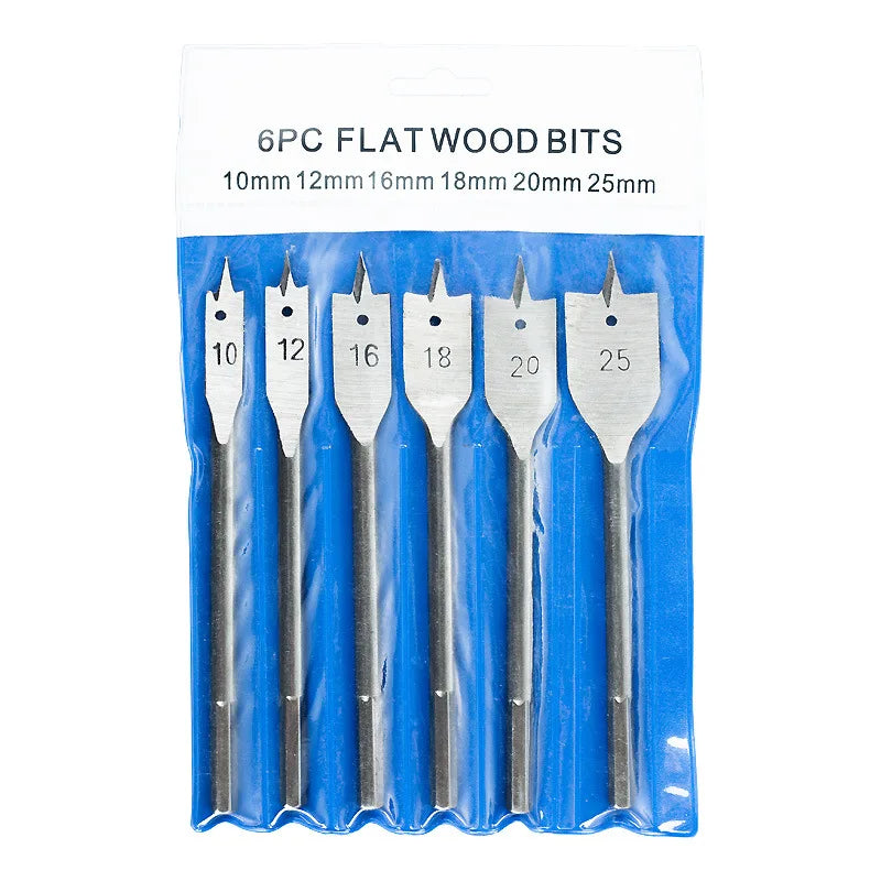 6Pcs/Set Wood Flat Drill Sets 10mm 12mm 16mm 18mm 20mm 25mm Flat Wood Boring Drill Bit Set Power Tools Accessory With Hex Shank
