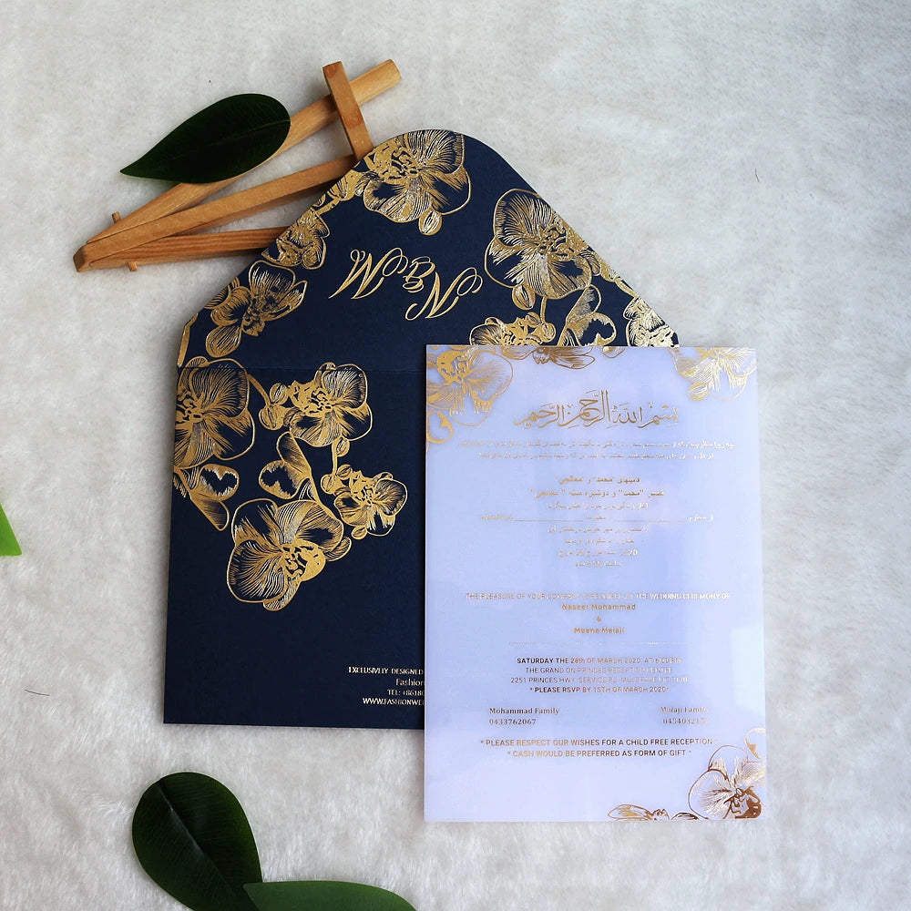 Hot Sale Fancy White Acrylic Invitations Hot Stamping Gold Foil Navy Paper Envelope Luxury Wedding Stationery