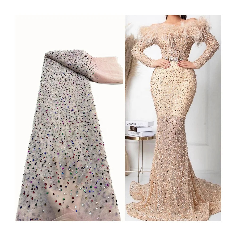 Hot Selling Shing rainbow Rhinestone Bridal Voile Lace Mesh Fabric for Dress Colorful Embroidery Rhinestone Fabric Lace