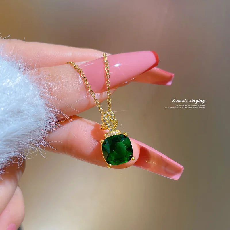 Fashion Zircon Square Emerald Pendant Necklace Stainless Steel Necklace for Women Jewelry Party Gifts