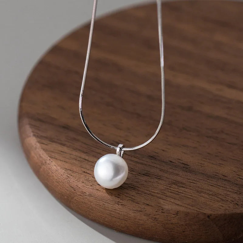 925 Sterling Silver Snake Chain Freshwater Round Single Pearl Pendant Necklaces for Women Wholesale Jewelry