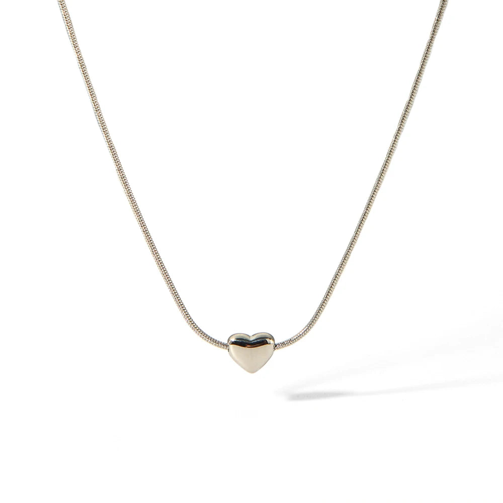 High Polished Stainless Steel Pure Silver Color Cute Heart Pendant Snake Link Chain Necklace for Unisex Wearing
