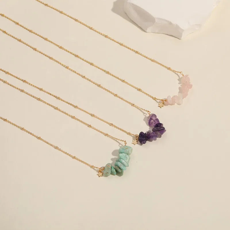 Fashion Irregular Birthstone Necklace Rose Quartz Amethyst Beads Dainty Gold Plated Stainless Steel Chain Jewelry