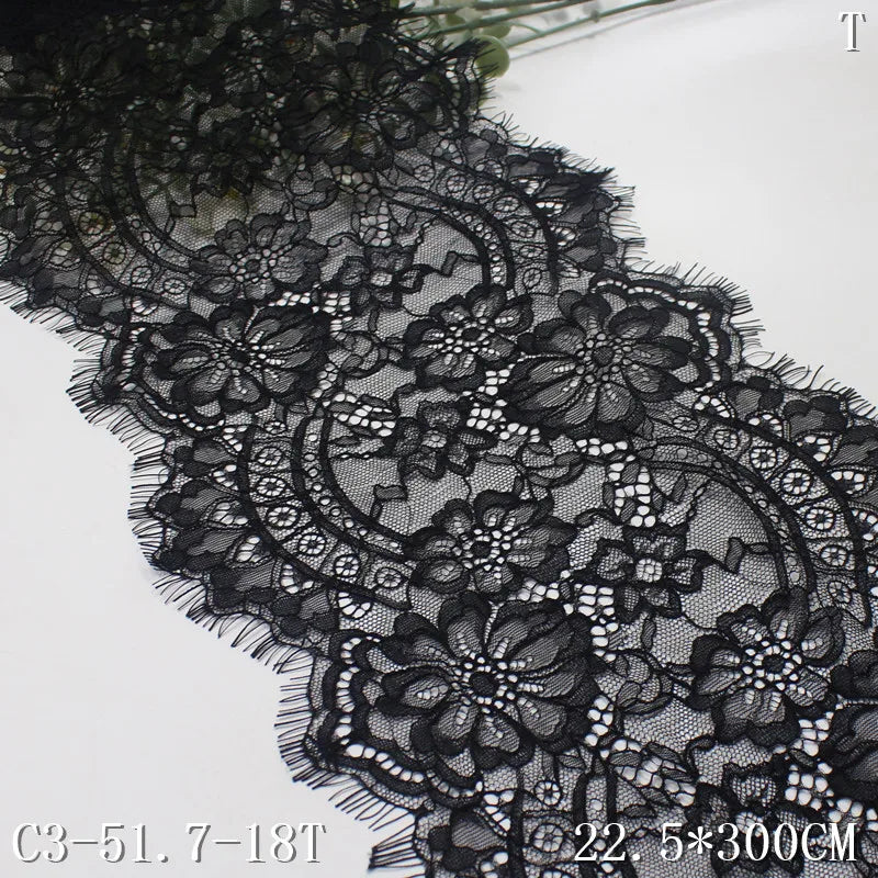 22cm Nylon French Chantilly Eyelash Lace Fabric Exquisite Inelastic Clothing Accessories Black Flower Lace Trim
