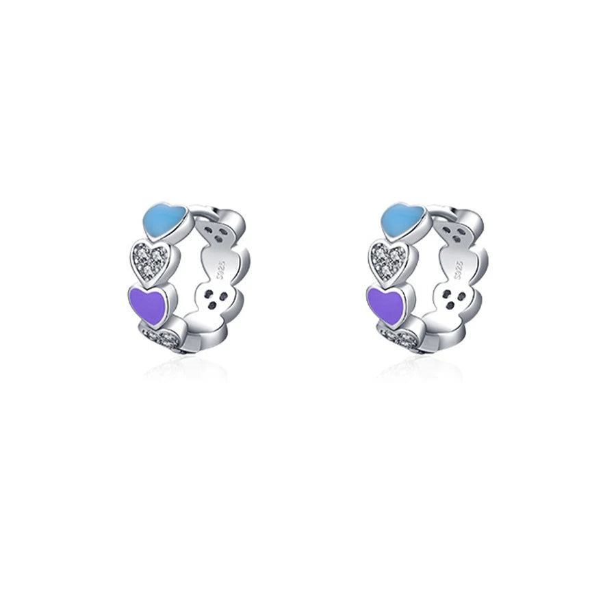 Fashion Cute Sweet Colorful Enamel Earrings S925 Sterling Silver Rhodium Plated Zircon love Heart Hoop Earrings