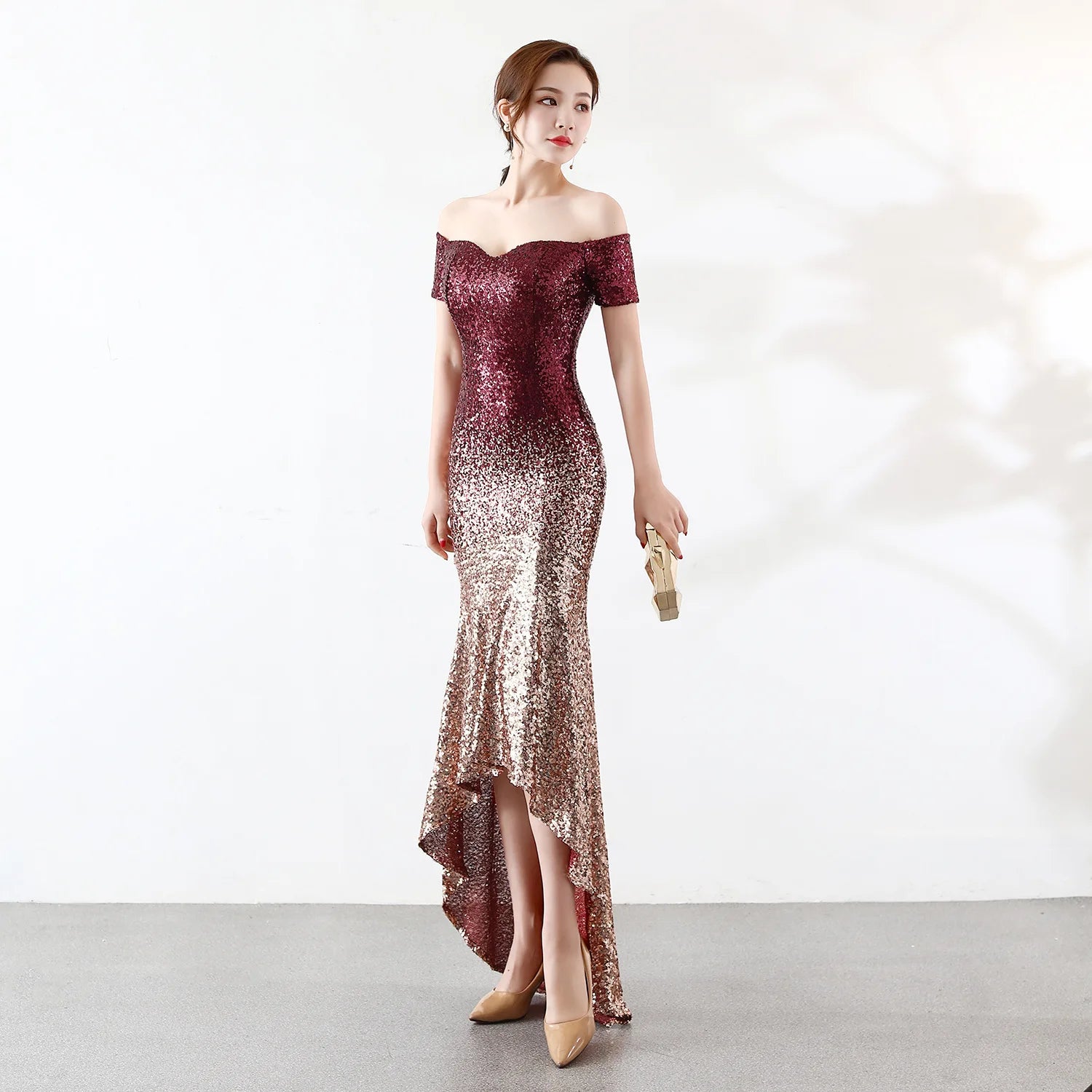 16072# Shoulder Dress Euro-American Perspective Gradient Beaded Wedding Party
