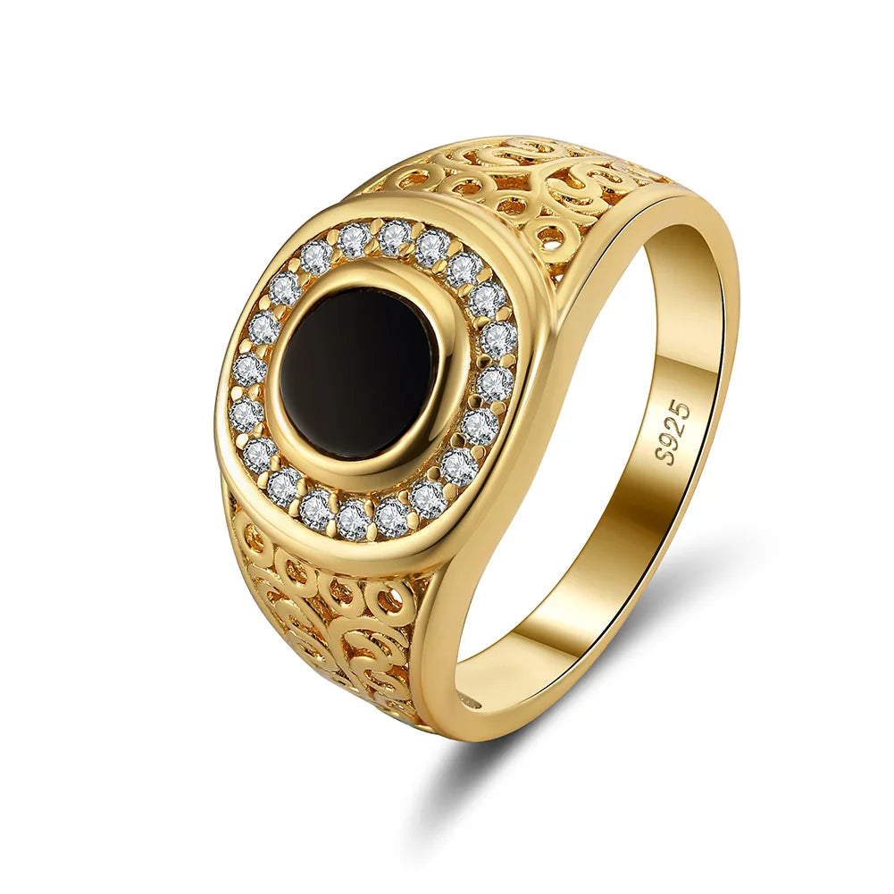 Jiangyuan 925 Sterling Silver Jewelry Smooth Men's Rock Punk Rings 18K Gold Plated Black Agate Ring for Women Man Party Ring Set