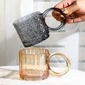 Simple Vintage Vertical Strip Etching Glass Cup Coffee Latte Tea Coffee Mug with Big Ear Ring Handle
