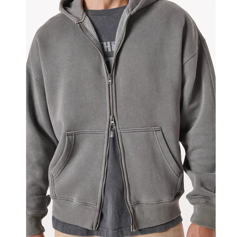 Custom Washed Zip up Hoodie Fleece French Terry Unisex Plain Blank Solid Color Sweatshirt Double Layer Hoodies for Men