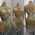Gold Crystal Tassel Pole Dance Leotard Stage Costume Short Bodycon One Piece Jumpsuit Rhinestone Bodysuitor Woman