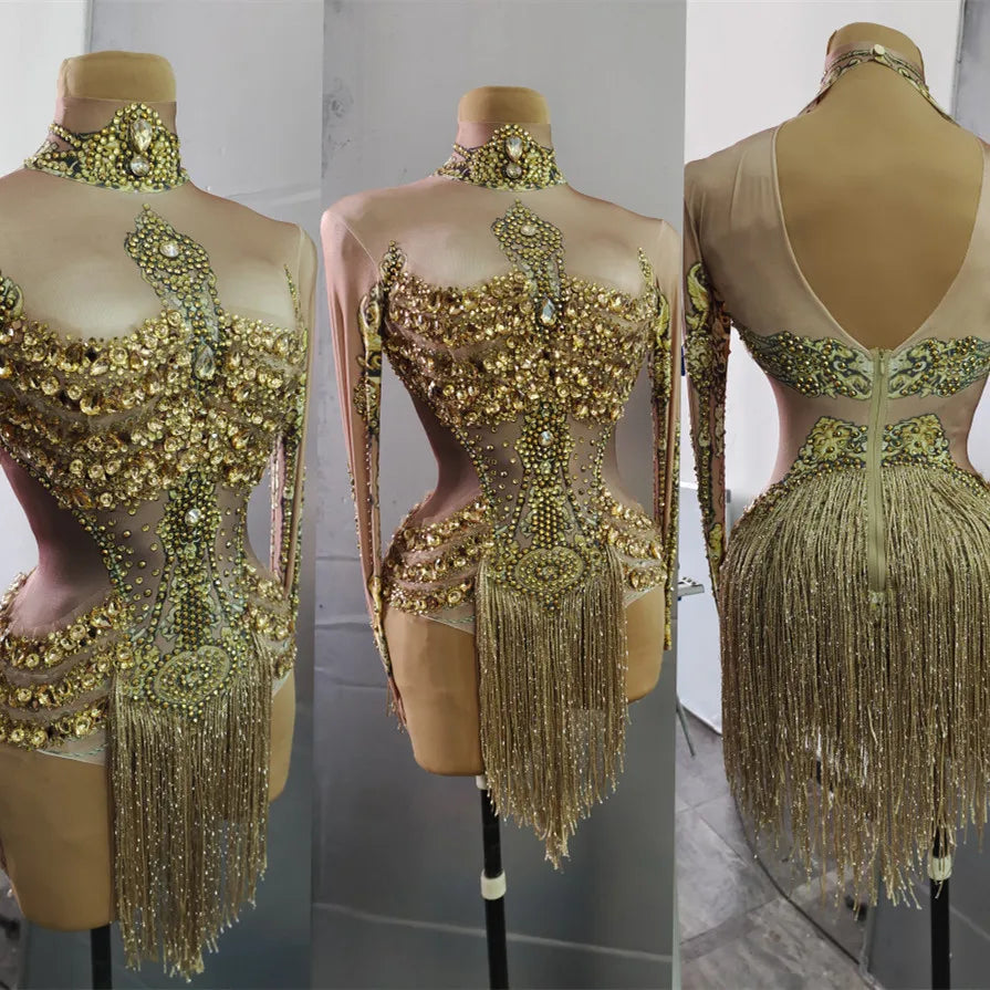 Gold Crystal Tassel Pole Dance Leotard Stage Costume Short Bodycon One Piece Jumpsuit Rhinestone Bodysuitor Woman
