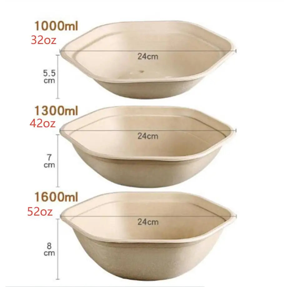 Eco-Friendly Disposable Biodegradable White Hexagonal Bagasse Bowls with Lid for Party 1000ml 1300ml 1600ml