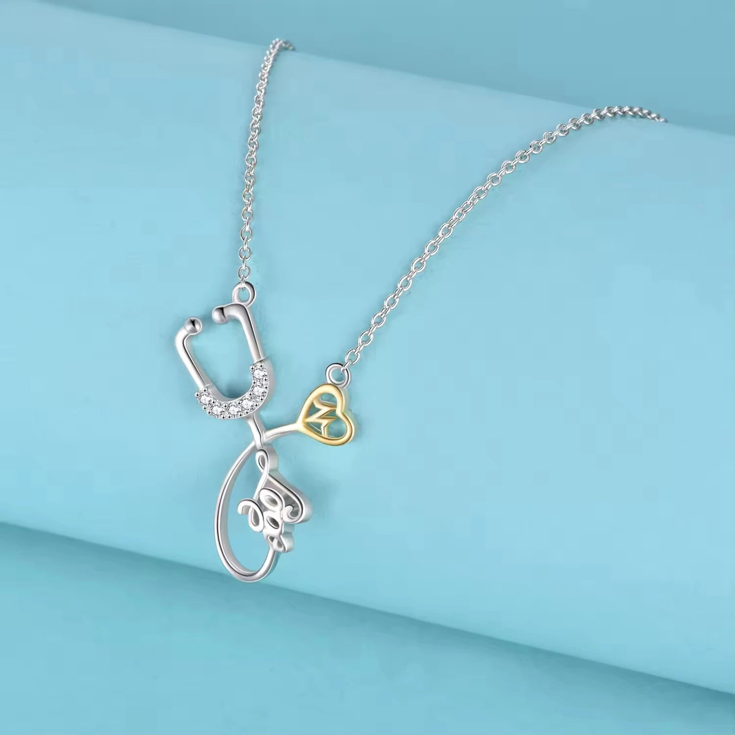 New Fashion 925 Sterling Silver Two Tone Stethoscope Zircon Necklace for Women Nurse