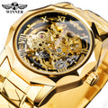 WINNER Luxury Skeleton Mechanical Watch for Men Golden Royal Dodecagon Case Carved Movement Stainless Steel Strap Luminous Hands