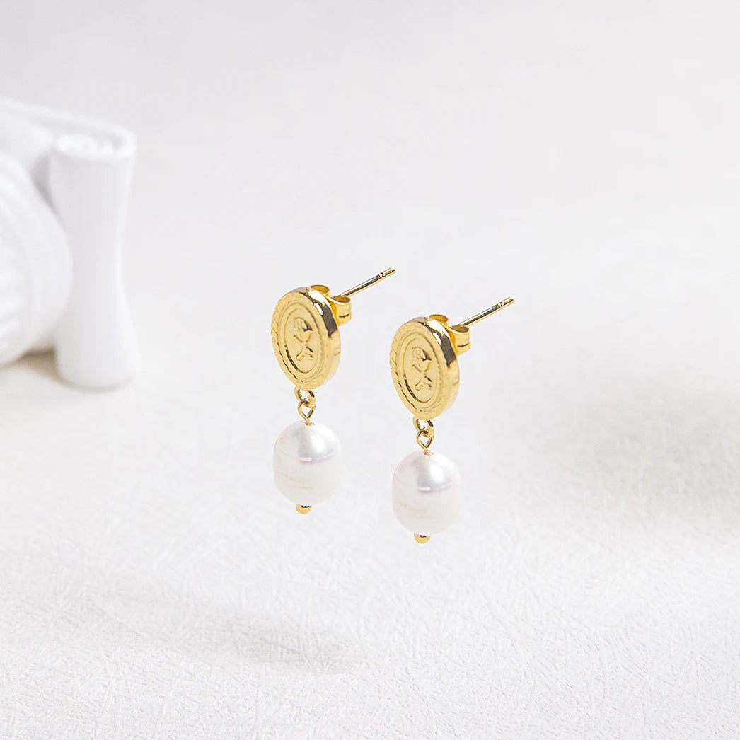JUSNOVA Jewelry Pearl Earrings Gold Plated Butterfly Knot Stainless Steel Earring Geometric Stud Drop Pearl Earrings