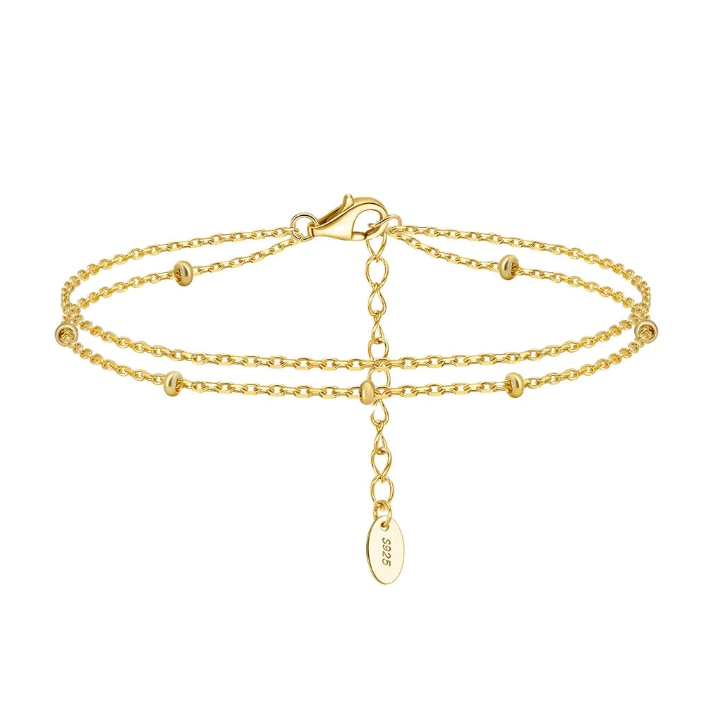 RINNTIN SB200 Double Layer Chain Bracelet Bead Spacer Cable Chain Bracelet for Women Simple Pure Silver Hand Jewelry