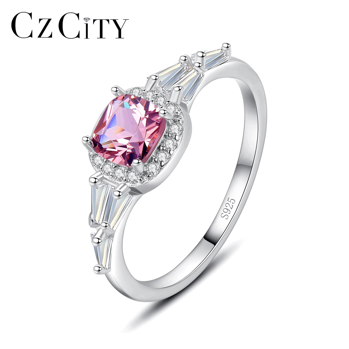 2026 Sterling Silver Ring Engagement Radiant Cut Pink Zircon Exquisite Promise Ring for Girls Women Party Jewelry