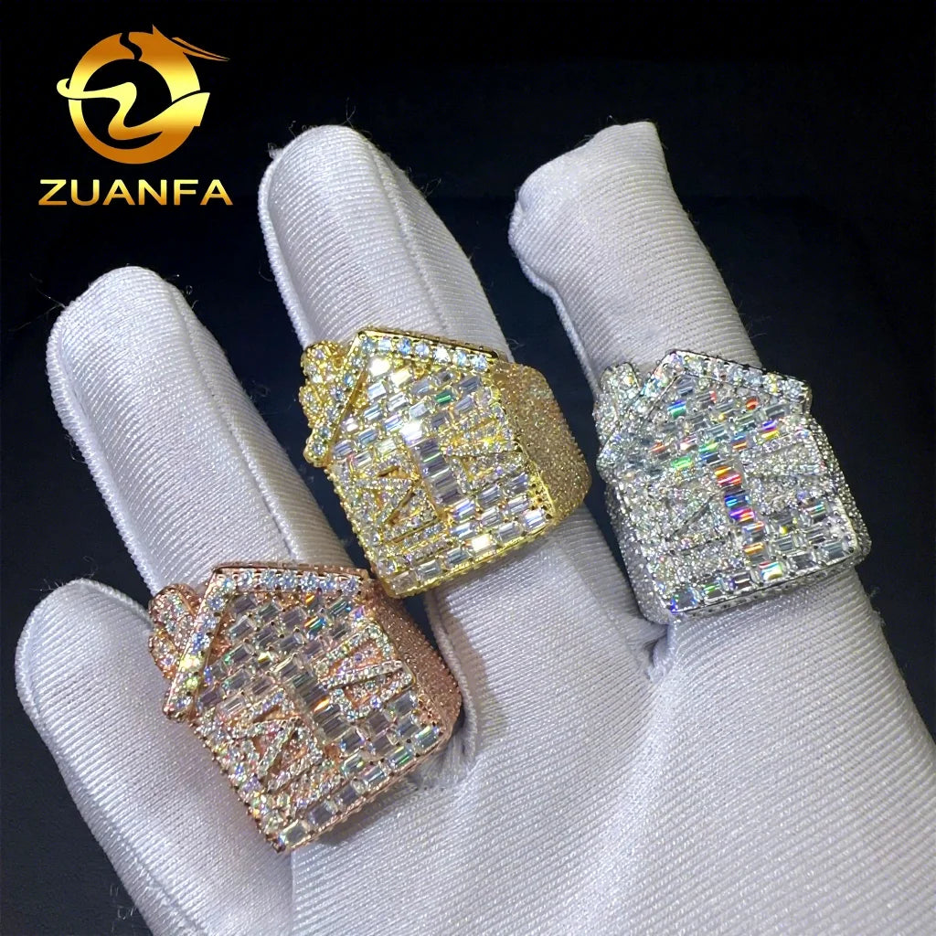 Wholesale Price Fashion GRA Certificate Iced Out Hip Hop Vvs Baguette Moissanite Diamond 925 Sterling Silver House Ring Men