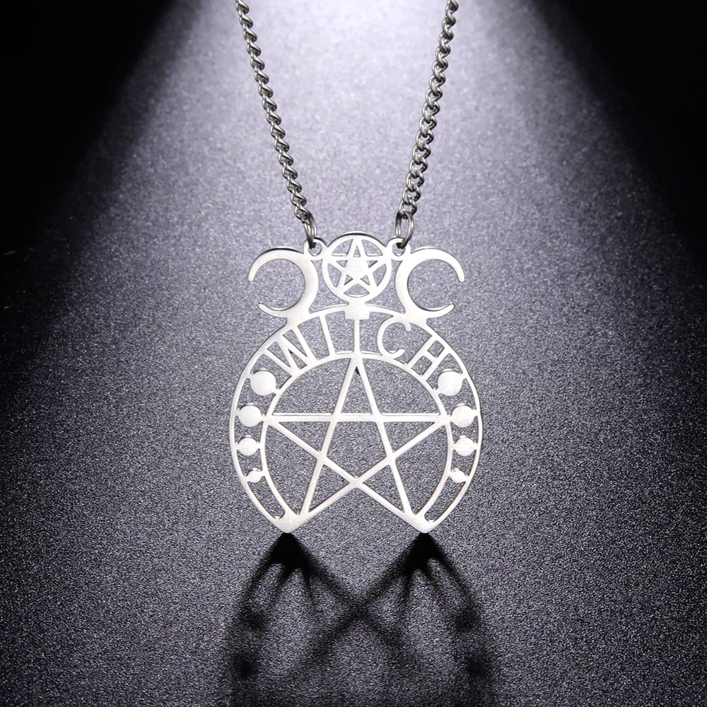 Witchcraft Pentagram Pendant Necklace Goth Witch Pentacle Triple Moon Goddess Amulet Pagan Stainless Steel Jewelry