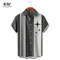 Men's Retro Coconut Beach Shirt Fashion Lapel Stand Collar Short-Sleeved Breathable 3D Striped Pattern Loose Summer Casual Top