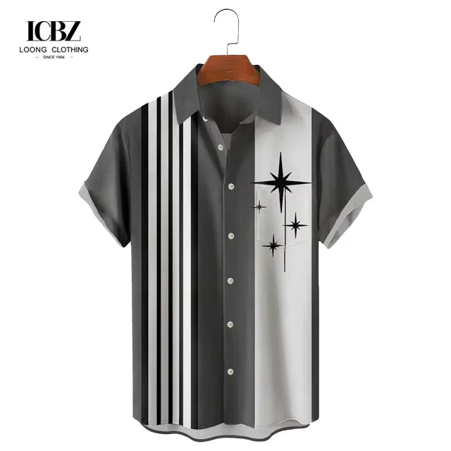 Men's Retro Coconut Beach Shirt Fashion Lapel Stand Collar Short-Sleeved Breathable 3D Striped Pattern Loose Summer Casual Top