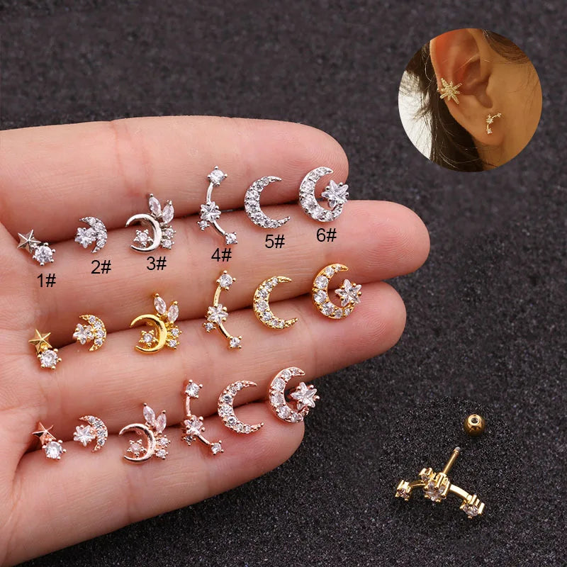 Creative Mini Ear Bone Studs Stainless Steel Double-headed Screw Earrings Romantic Moon Zircon Earrings for Women Girls