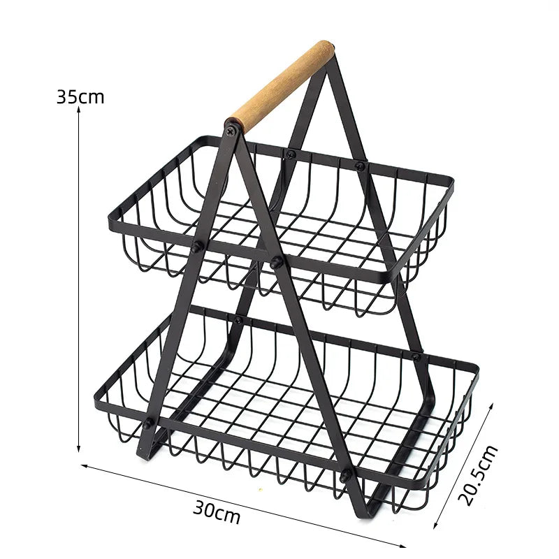 Metal Fruit Basket 2-Tier Snacks Pastries Sundry Storage Black Double Rectangular Wire Rack Handle Multifunction 25x25x14cm