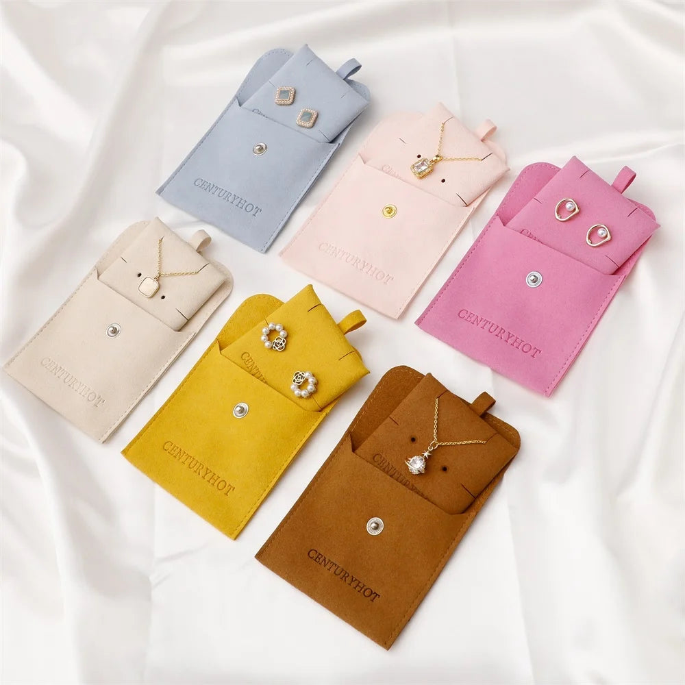 PUPPYSEW Wholesale Light Blue Jewelry Bag  With Logo Microfiber Snap Button Jewelry Pouch With  Insert Pad Necklace Pouch