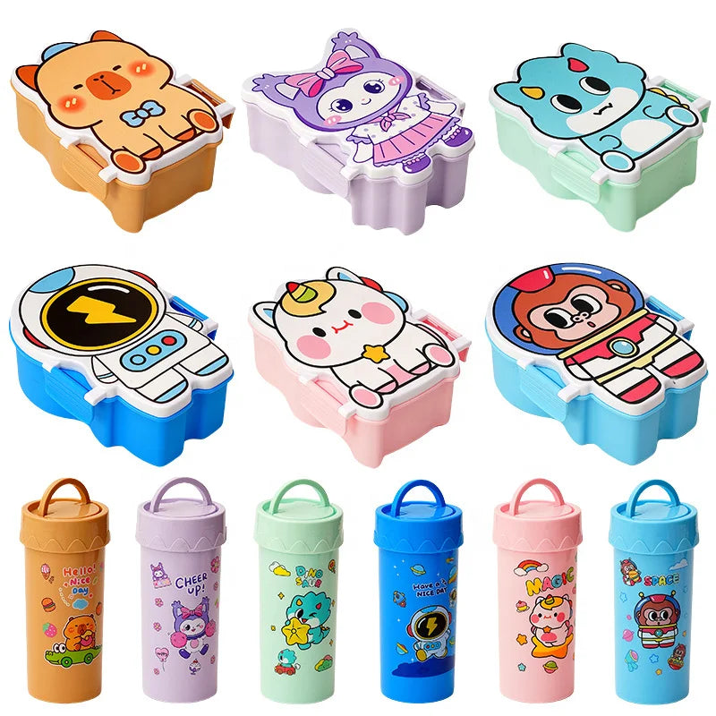 2025 New Cartoon Children's School Lunch Box Set 3 Compartments Eco-Friendly Durable Plastic Microwave Safe Customizable Logo