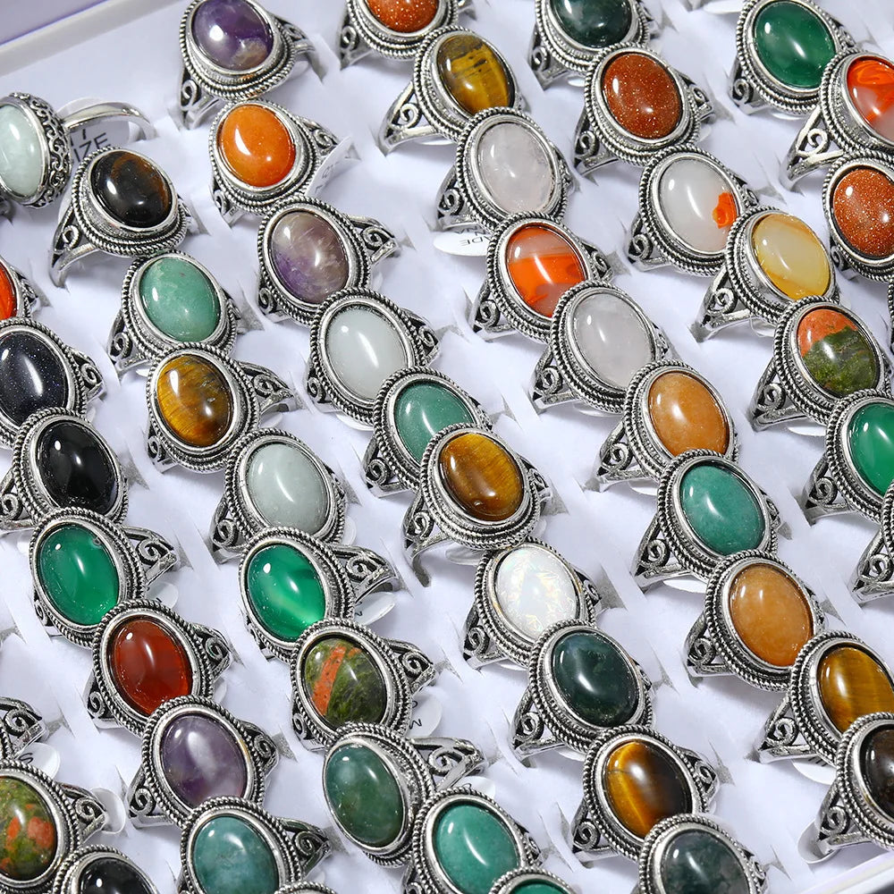 Wedding Jewelry Gold Plated Ring Mix Bulk Gemstone Stone Opal Ring Natural Agate Jade Cat's Eye Mixed Ring for Men Mix Ship