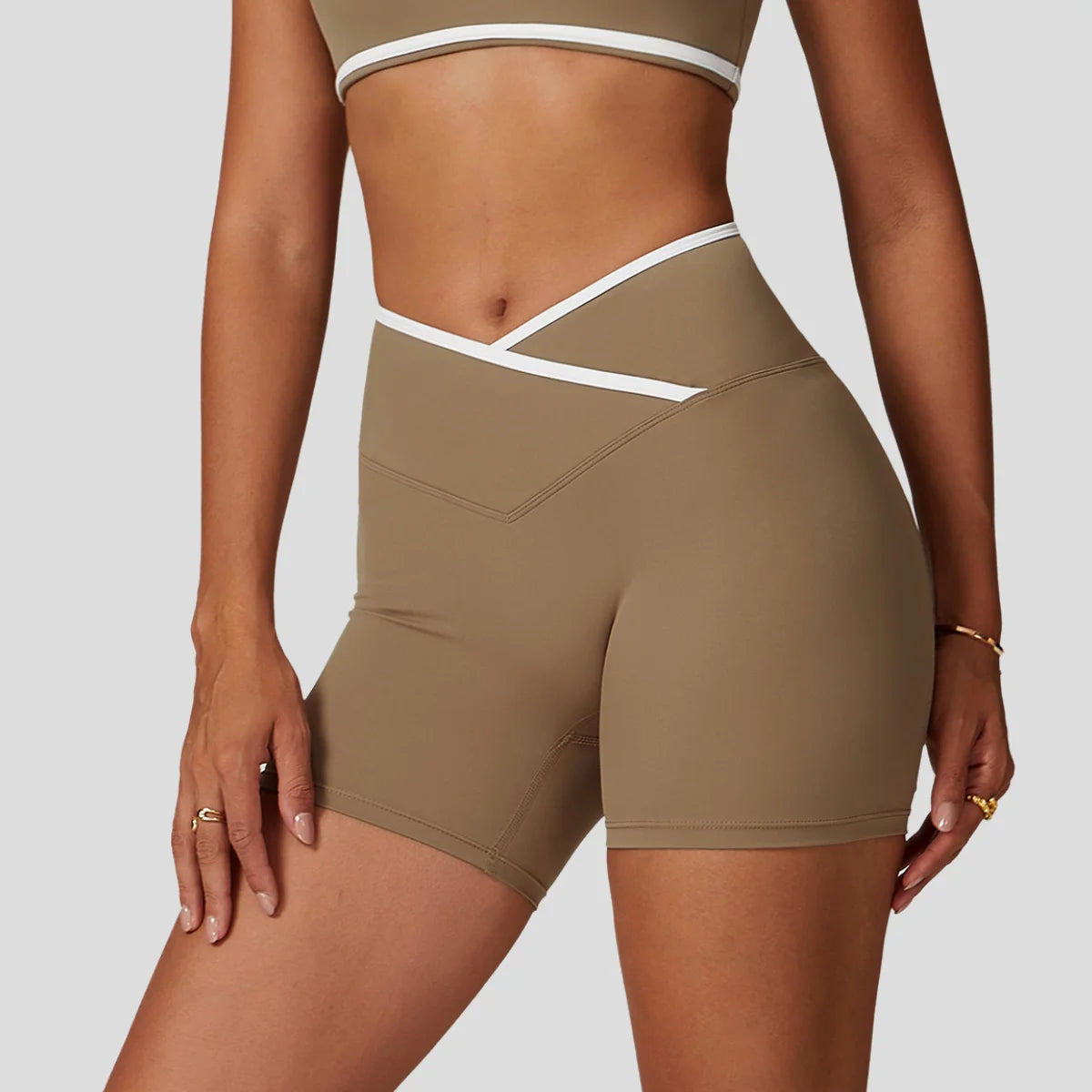 Women's High Waist Fitness Sports Leggings Cross Yoga Shorts with Peach Hip Lift Contrast Color Solid Pattern Yoga Shorts