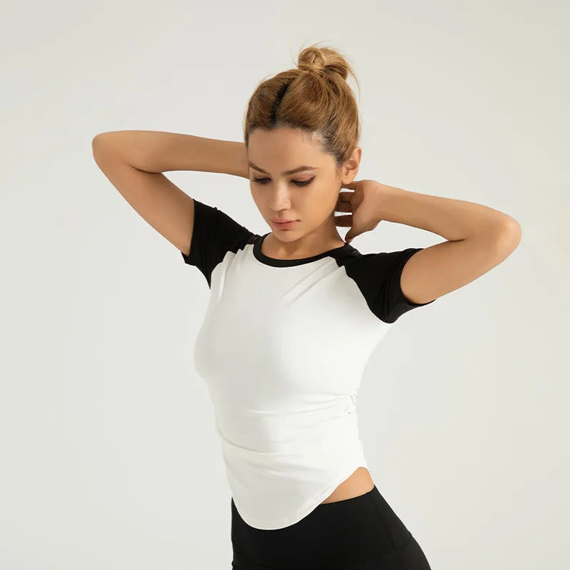 Women's Active Wear Yoga Fitness Running T-Shirts Patchwork Compressed Quick Dry Breathable Eco-Friendly Nylon Spandex Custom