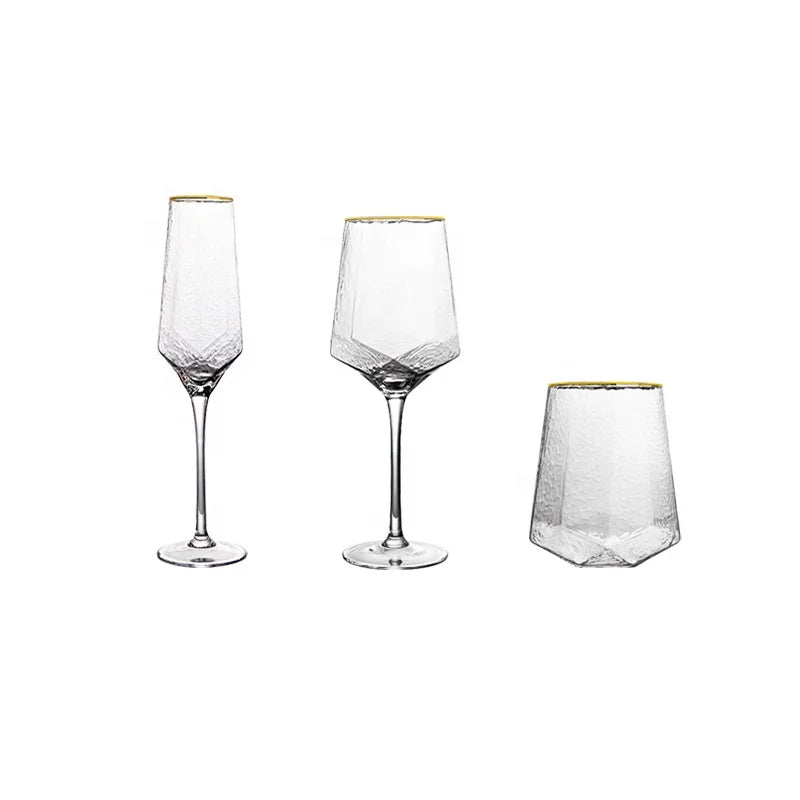 Classic Unbreakable Lead-Free Crystal Hammered Diamond Shape Clear Colorful Glass Set Water Drinking Cup Wine Glass Goblet