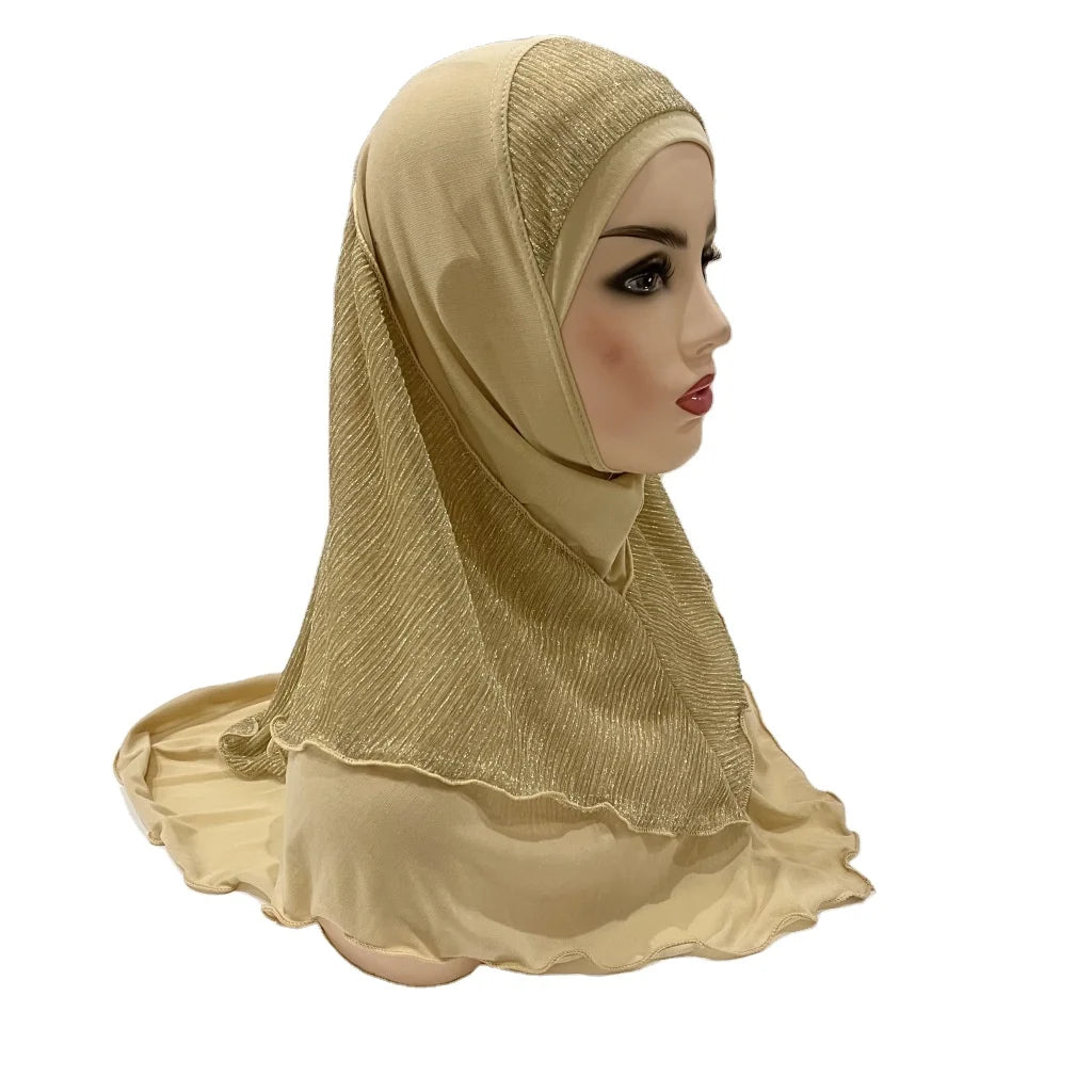 Women's Summer  Hijab 1-Piece Amira Easy Pull-On Head Scarf with Lurex Instant on Muslim Bonnet for Girls