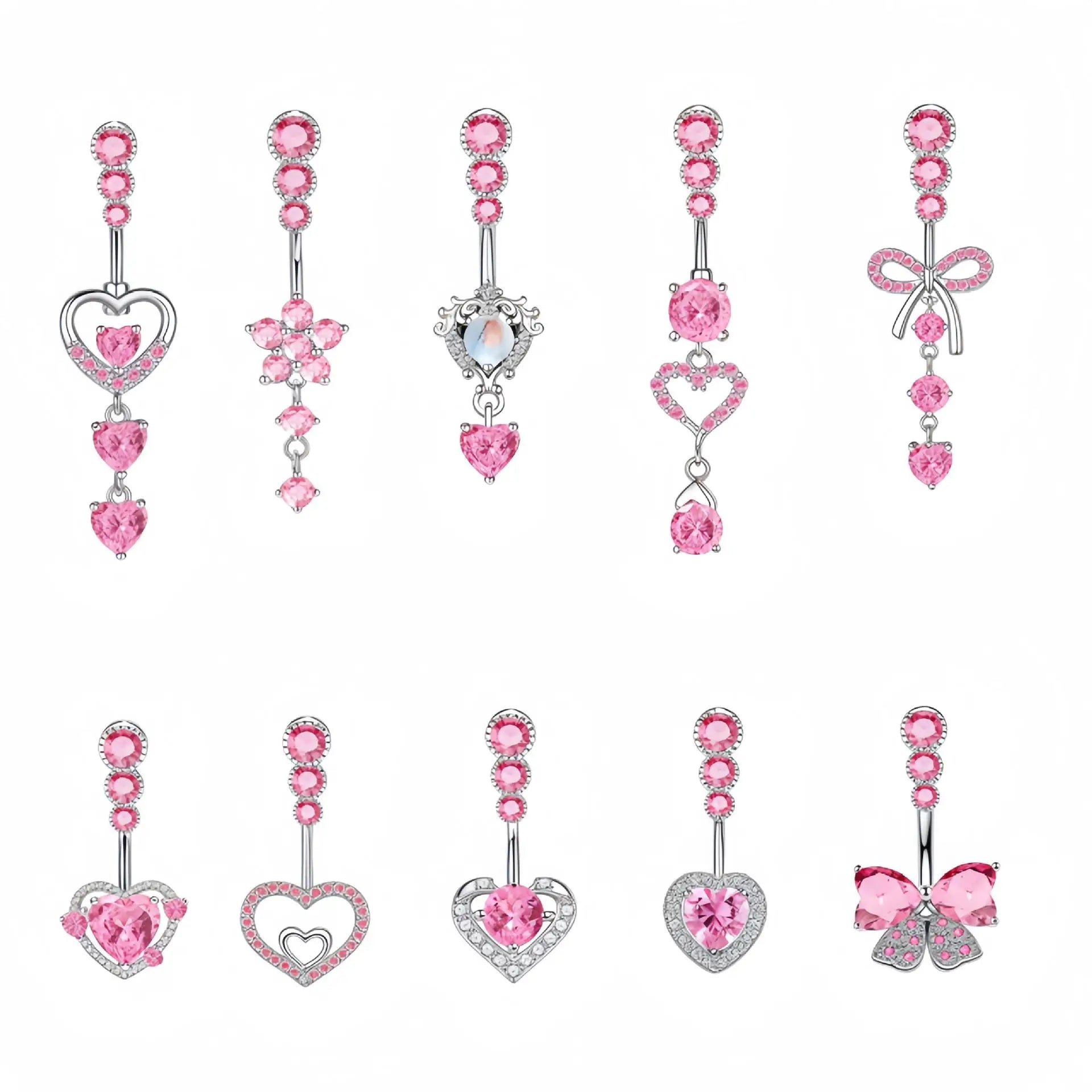 New Pink Zircon Butterfly Knot Navel Ring Stainless Steel Rod Crystal Inlaid Silver Plated Wedding Body Piercing Accessories