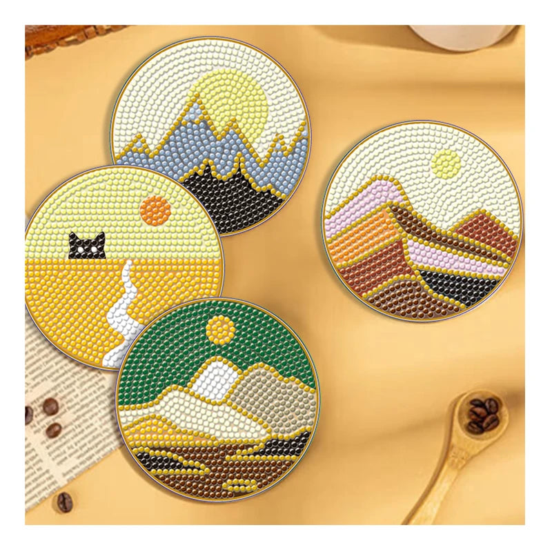 Diy Diamond Painting Coaster With Holder Cup Mat Pad Scenery Image Drink Cup Cushion Table Placemat Heat Resistant Cup Pad
