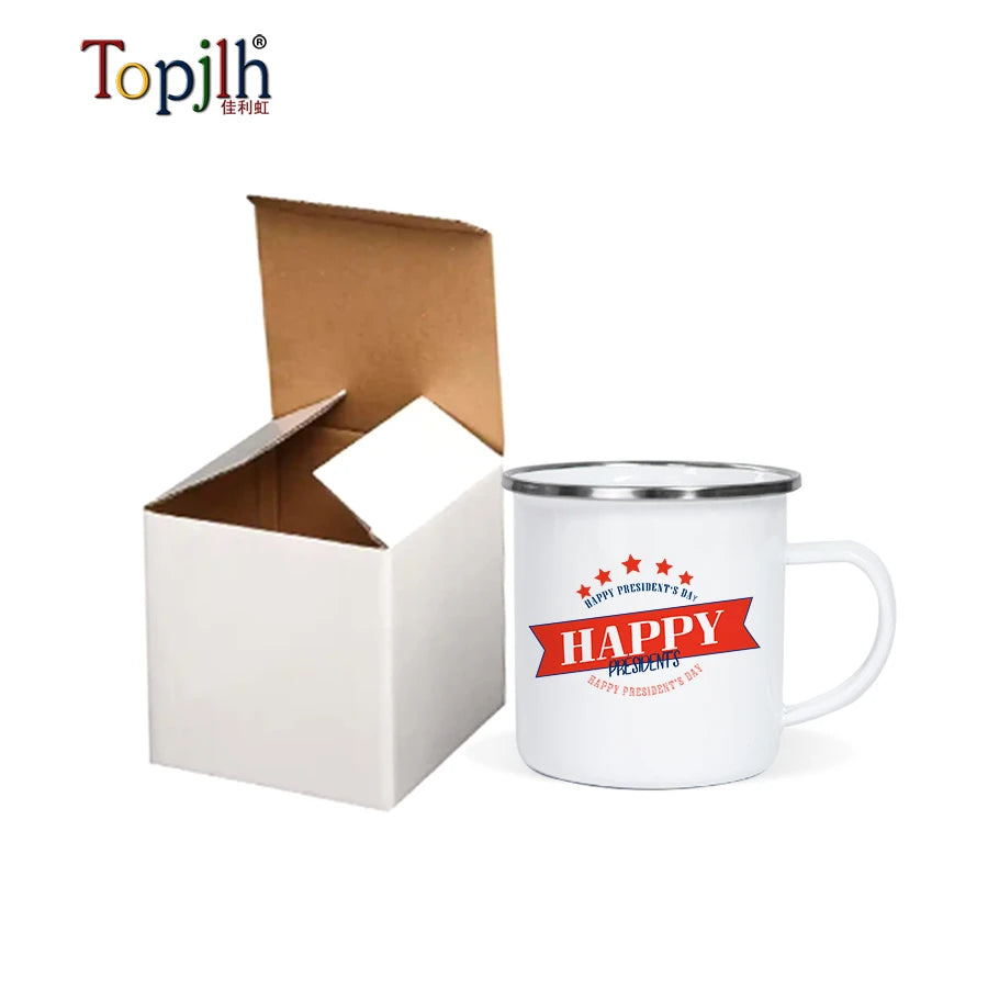 Topjlh Factory Price Sublimation Blanks Enamel Mugs 12oz Stainless Steel Cup White Surface Mug with Stainless Steel Rim