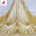 HY2661-5 Hot Selling Gold African Beaded Sequins Pearls Ladies Evening Dress Lace French Gown Mesh Fabric Lace Trim