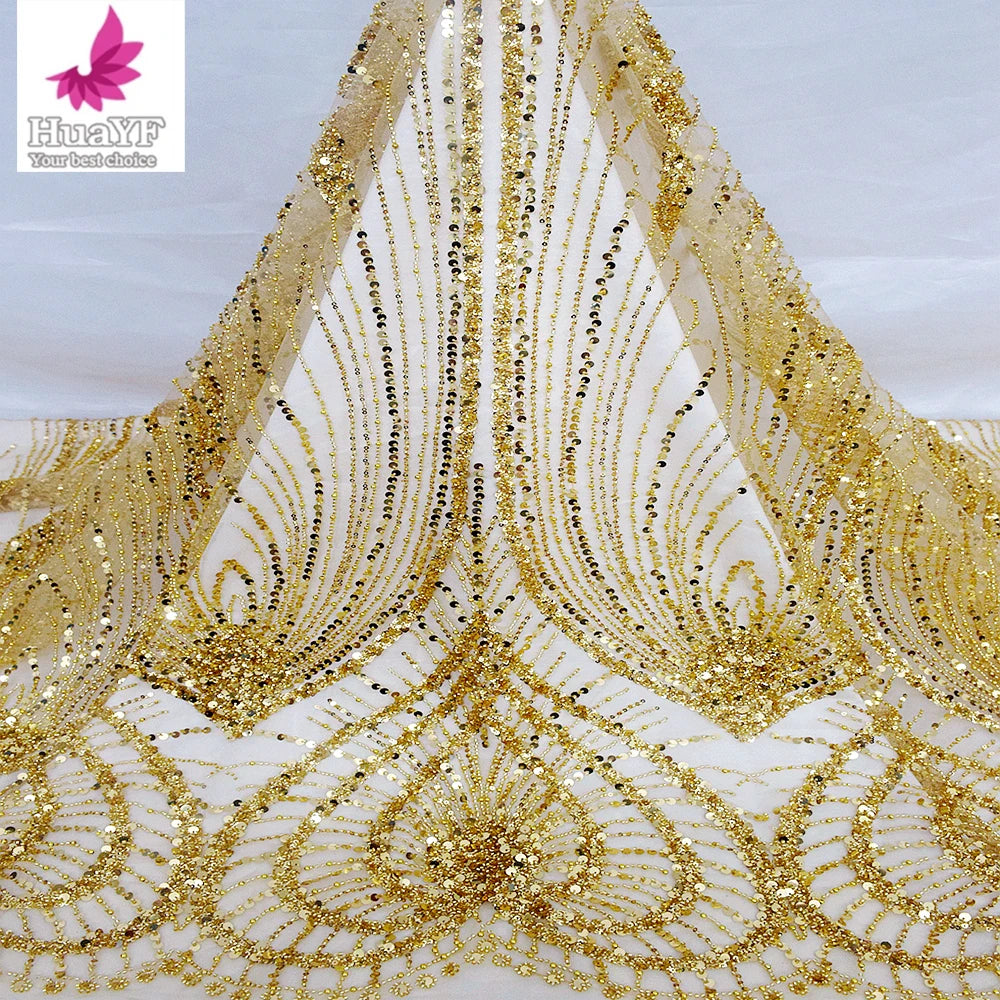 HY2661-5 Hot Selling Gold African Beaded Sequins Pearls Ladies Evening Dress Lace French Gown Mesh Fabric Lace Trim