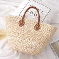 Customized Natural Corn Husk Large Leather Handle Hand Woven Straw Tote Bag Women Handbags with Letter Embroidery