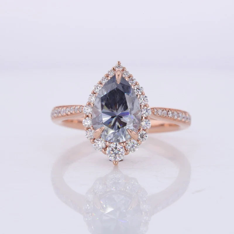 Latest Design Jewelry 10k Rose Gold Pear Cut Halo Set Moissanite Ring for Women