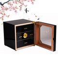 With 3 Trays Drawer Humidifier Hygrometer Glass Display MDF Cedar Wood Large Cabinet Humidor