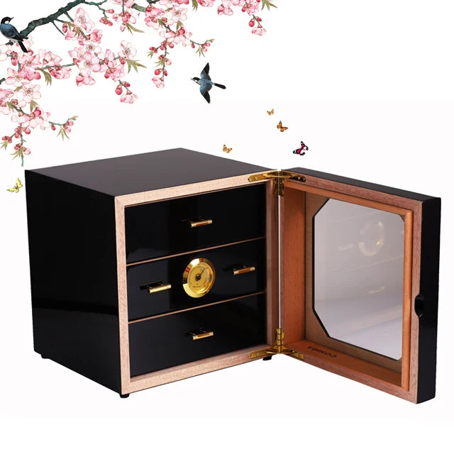 With 3 Trays Drawer Humidifier Hygrometer Glass Display MDF Cedar Wood Large Cabinet Humidor
