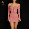 2024 New Women Hot Mini Short Skirt High Waist Solid Color Autumn Long Sleeved Party Bodycon Sexy Dresses