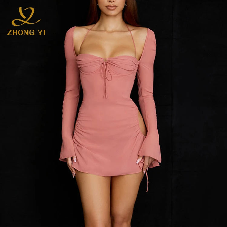 2024 New Women Hot Mini Short Skirt High Waist Solid Color Autumn Long Sleeved Party Bodycon Sexy Dresses