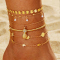 Fashion Gold Color Pearl Sequin Round Beads Rhinestone Anklet Set for Vacation Beach Jewelry